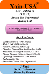 2-Pack 3.7V 2600mAh 18650 Button Top Rechargeable Li-ion Batteries – 9.62Wh, Unprotected Cells