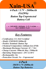 4-Pack 3.7V 2600mAh 18650 Button Top Rechargeable Li-ion Batteries – 9.62Wh, Unprotected Cells