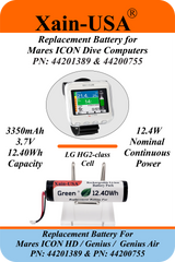 (Xian-DIVE) Premium  3350mAh Replacement Battery for Mares ICON HD / Mares ICON Genius /  Mares Genius Air / PN: 44201389 / PN: 44200755 / 3.7V