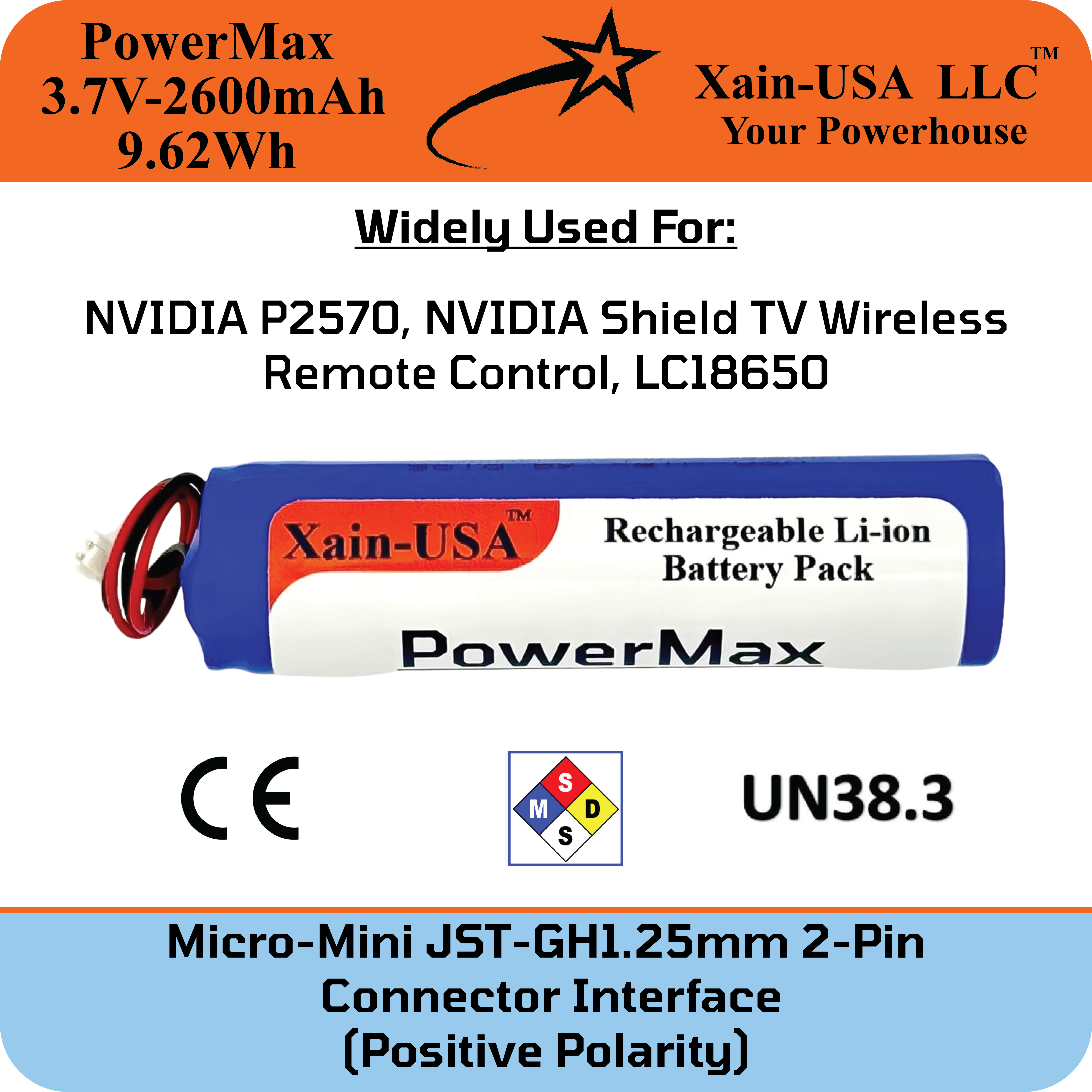 3.7V 2600mAh Li-ion Replacement Battery, With Micro Mini JST-GH1.25mm 2-Pin connector and Battery Management System.