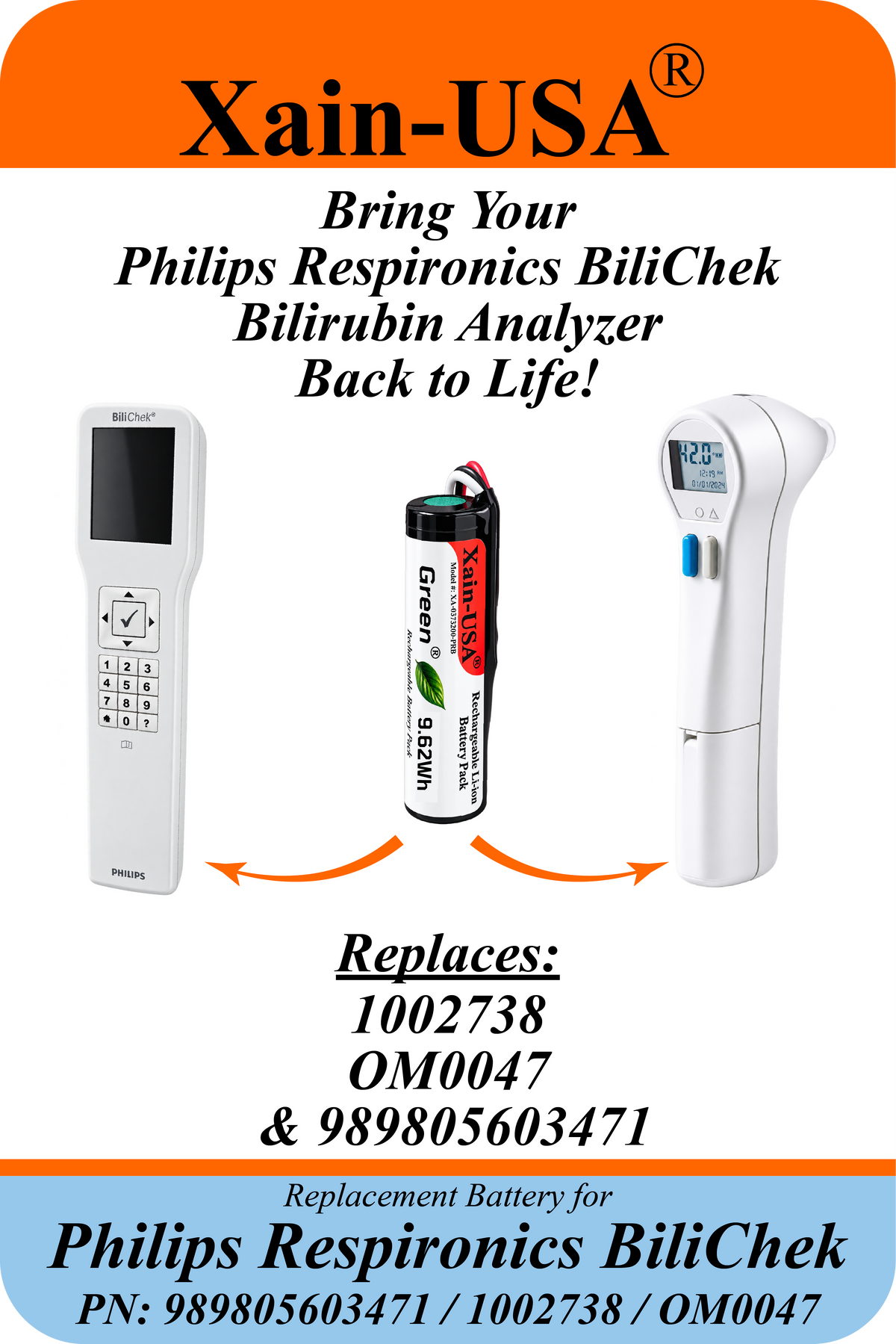 Xain-USA 3.7V 2600mAh Replacement Battery for Philips Respironics BiliChek Bilirubin Analyzer | Replaces 989805603471, 1002738, OM0047