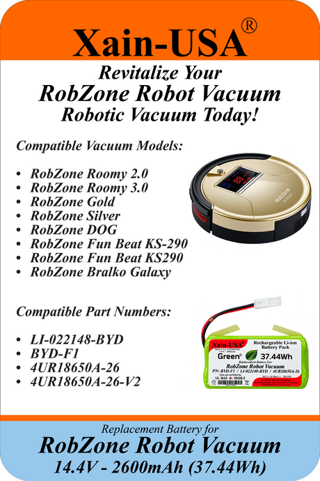 Xain-USA 14.4V 2600mAh Replacement Battery for RobZone Roomy 2.0, Roomy 3.0, Fun Beat KS290, Bralko Galaxy | Replaces LI-022148-BYD, BYD-F1 | Built-In BMS