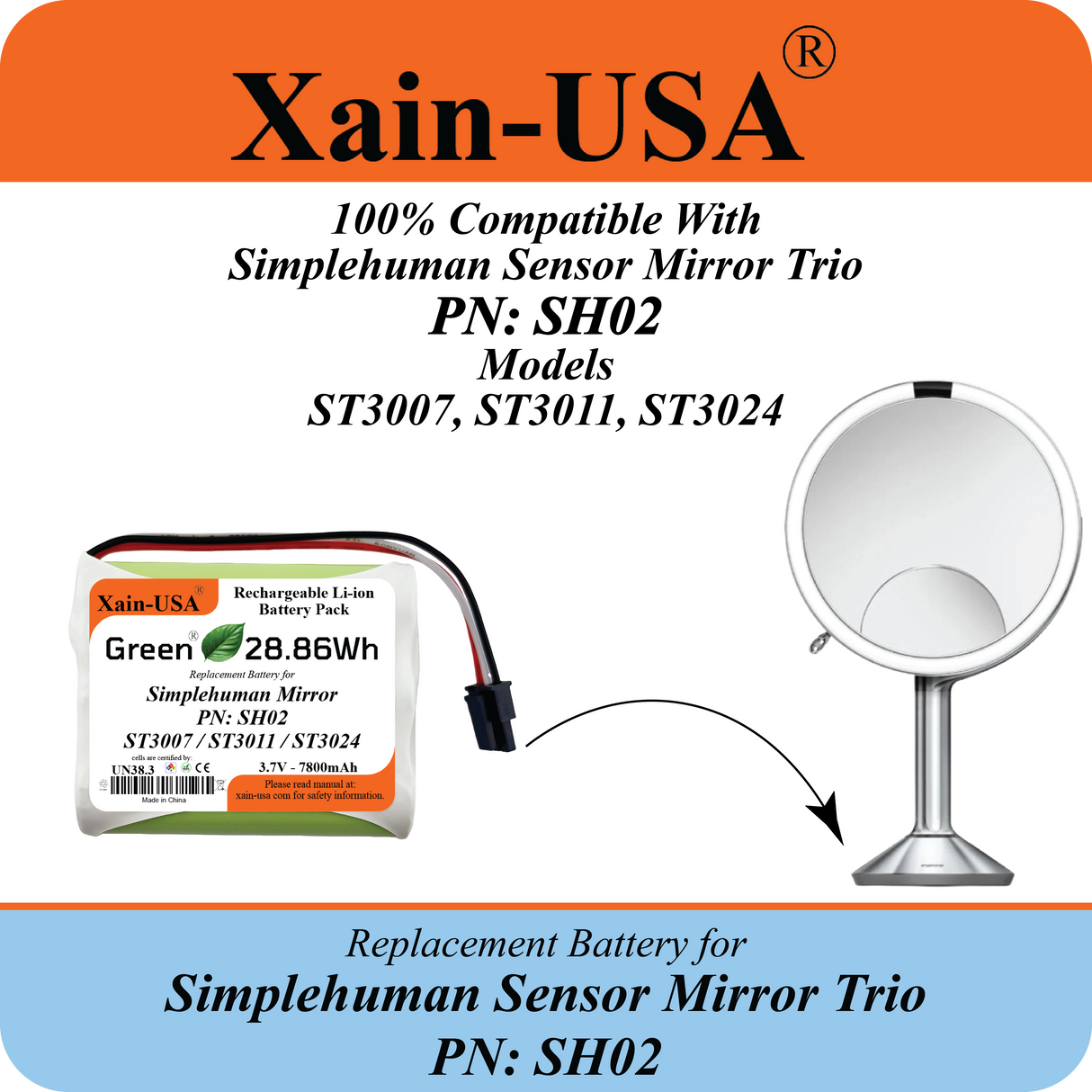 ULTRA-CAPACITY 7800mAh Battery for Simplehuman PN: SH02 Sensor Mirror Trio