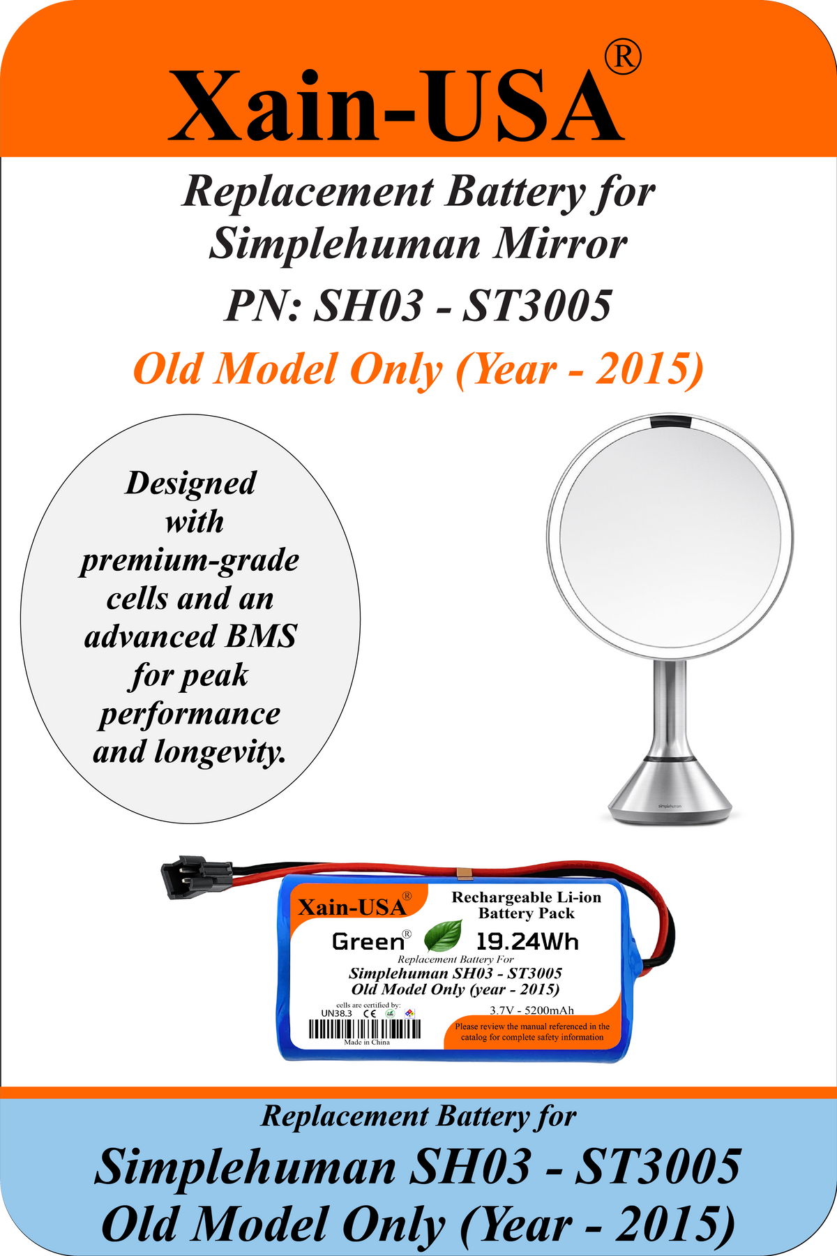 5200mAh Replacement Battery for Simplehuman Sensor Mirror SH03 / ST3005 (Year - 2014 Model Only) JST-SM 2-Pin Connector — Verify Connector Before Ordering