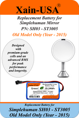 5200mAh Replacement Battery for Simplehuman Sensor Mirror SH03 / ST3005 (Year - 2014 Model Only) JST-SM 2-Pin Connector — Verify Connector Before Ordering