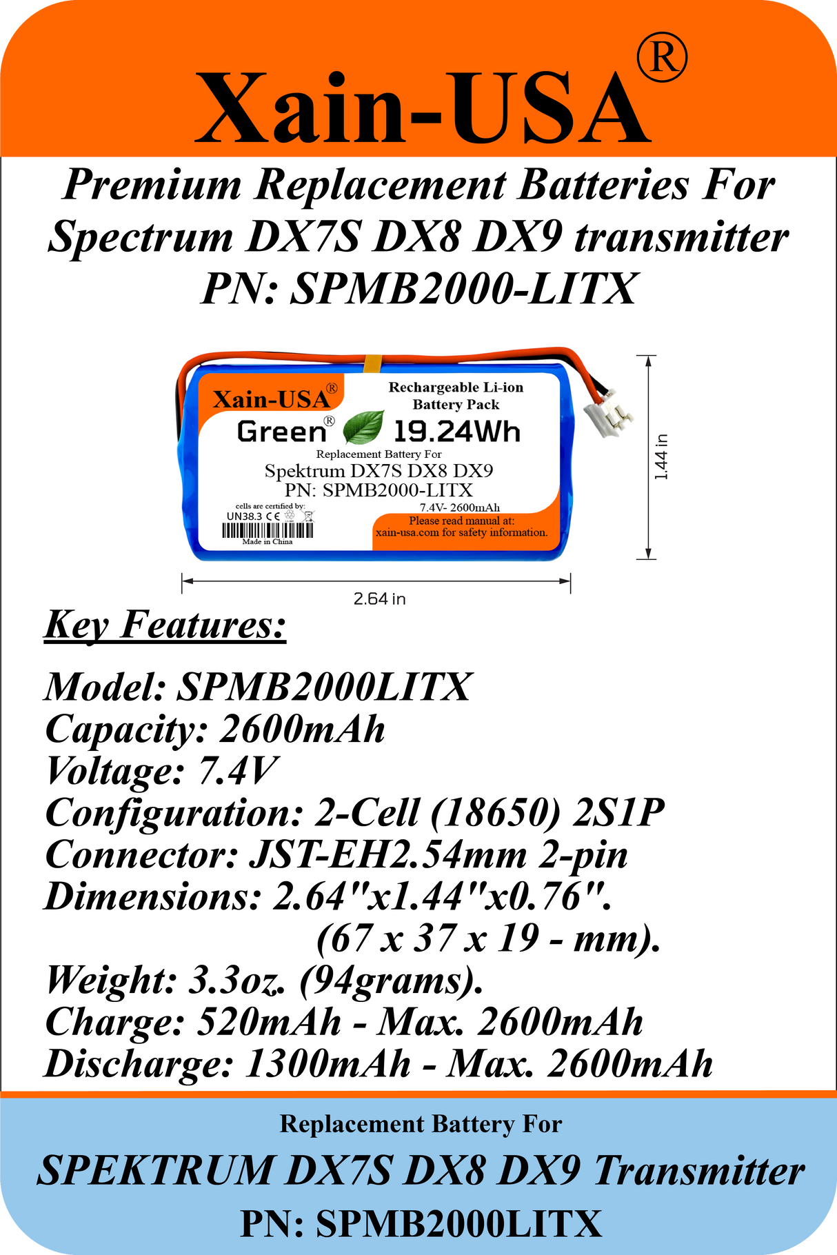 7.4V 2600mAh Li-Ion Replacement Battery for Spektrum DX7S/DX8/DX9 Transmitters, PN SPMB2000LITX, JST-EH2.54 2-Pin, Built-in BMS