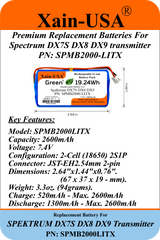 7.4V 2600mAh Li-Ion Replacement Battery for Spektrum DX7S/DX8/DX9 Transmitters, PN SPMB2000LITX, JST-EH2.54 2-Pin, Built-in BMS