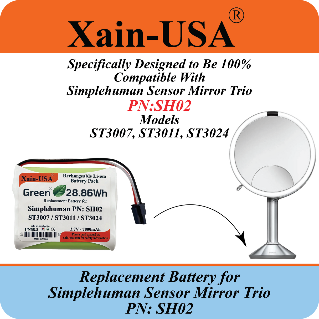 7800mAh ULTRA-CAPACITY Replacement Battery for Simplehuman PN:SH02 Models ST3007 ST3011 & ST3024 Sensor Mirror Trio, 3.7V Rechargeable Li-ion Pack, Built with Xain-Xtra Cells for 1000+ Cycles.