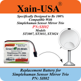 7800mAh ULTRA-CAPACITY Replacement Battery for Simplehuman PN:SH02 Models ST3007 ST3011 & ST3024 Sensor Mirror Trio, 3.7V Rechargeable Li-ion Pack, Built with Xain-Xtra Cells for 1000+ Cycles.