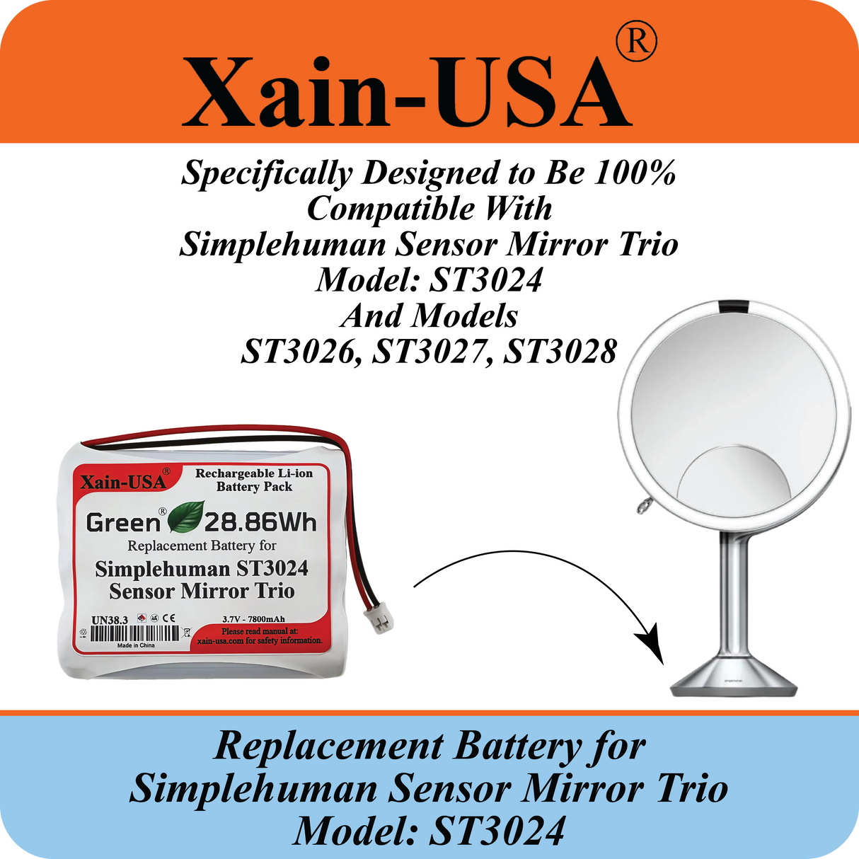 7800mAh ULTRA-CAPACITY Replacement Battery for Simplehuman ST3024 Sensor Mirror Trio, 3.7V Rechargeable Li-ion Pack, Built with Xain-Xtra Cells for 1000+ Cycles, Twice the Lifespan of Standard Cells