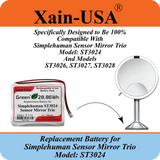 7800mAh ULTRA-CAPACITY Replacement Battery for Simplehuman ST3024 Sensor Mirror Trio, 3.7V Rechargeable Li-ion Pack, Built with Xain-Xtra Cells for 1000+ Cycles, Twice the Lifespan of Standard Cells