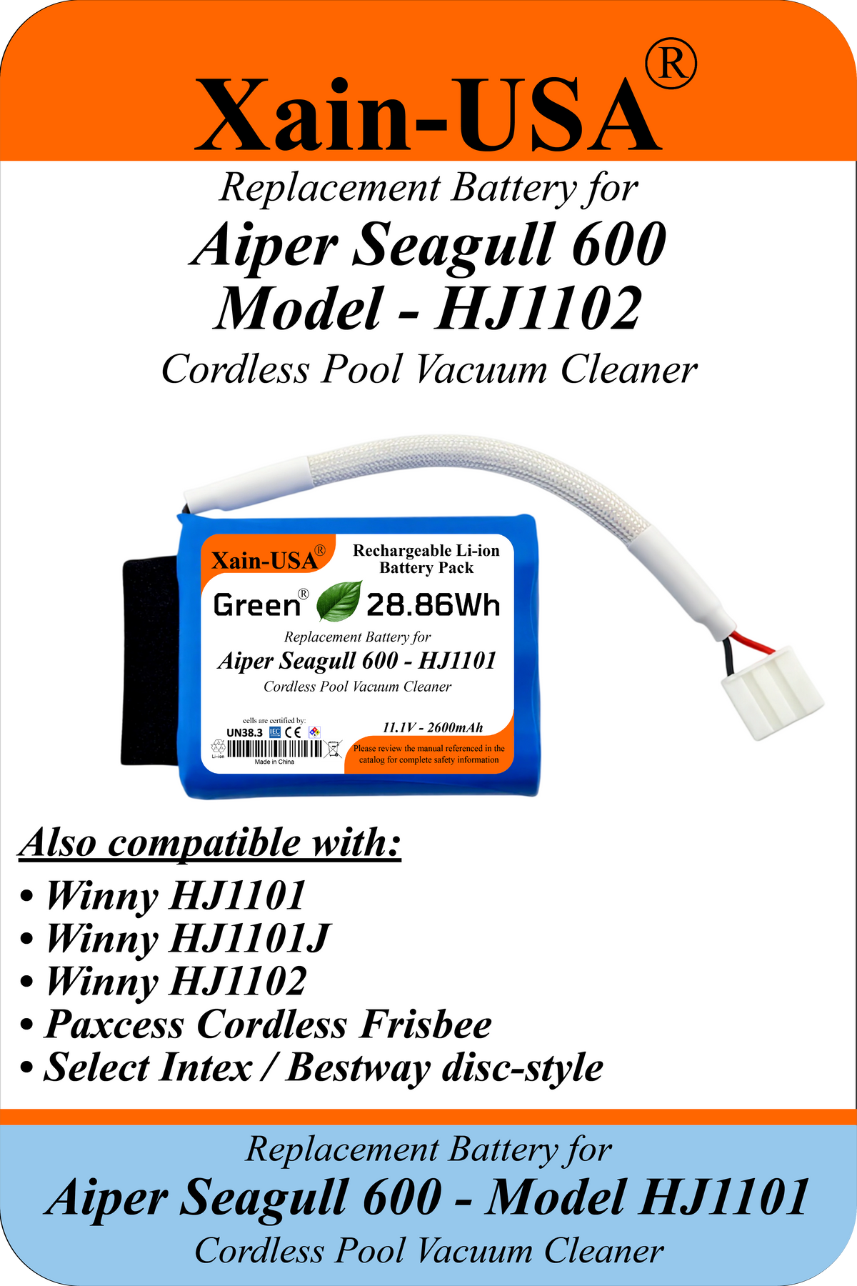 2600mAh Replacement Battery for Aiper Seagull 600 HJ1102 Cordless Pool Vacuum, 11.1V 28.86Wh, Built-in BMS – Check Connector Compatibility Before Ordering