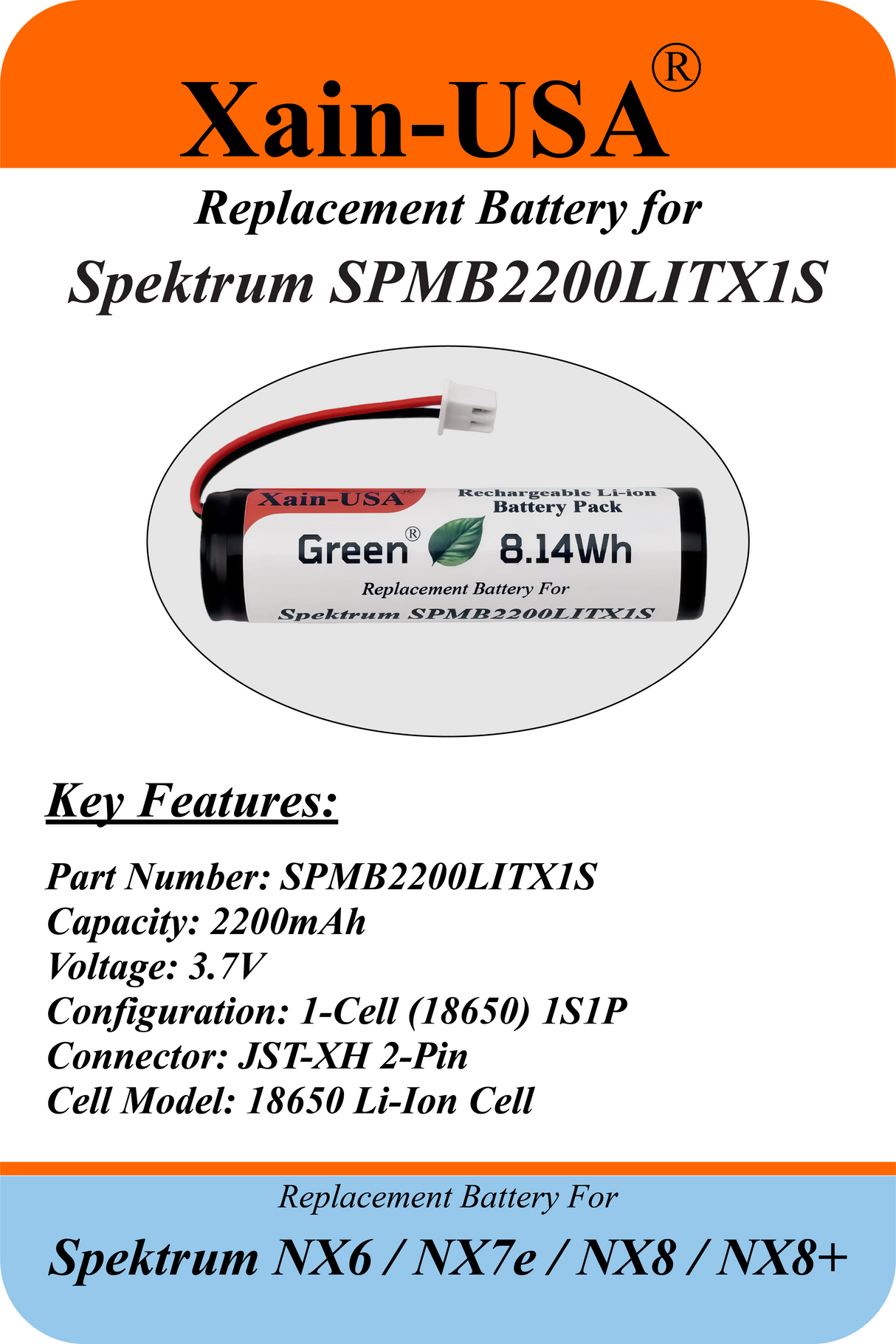3.7V 2200mAh Li-Ion Replacement Battery for Spektrum NX6, NX7e, NX8, and NX8+ Transmitters | SPMB2200LITX1S Compatible | 2-Year Warranty