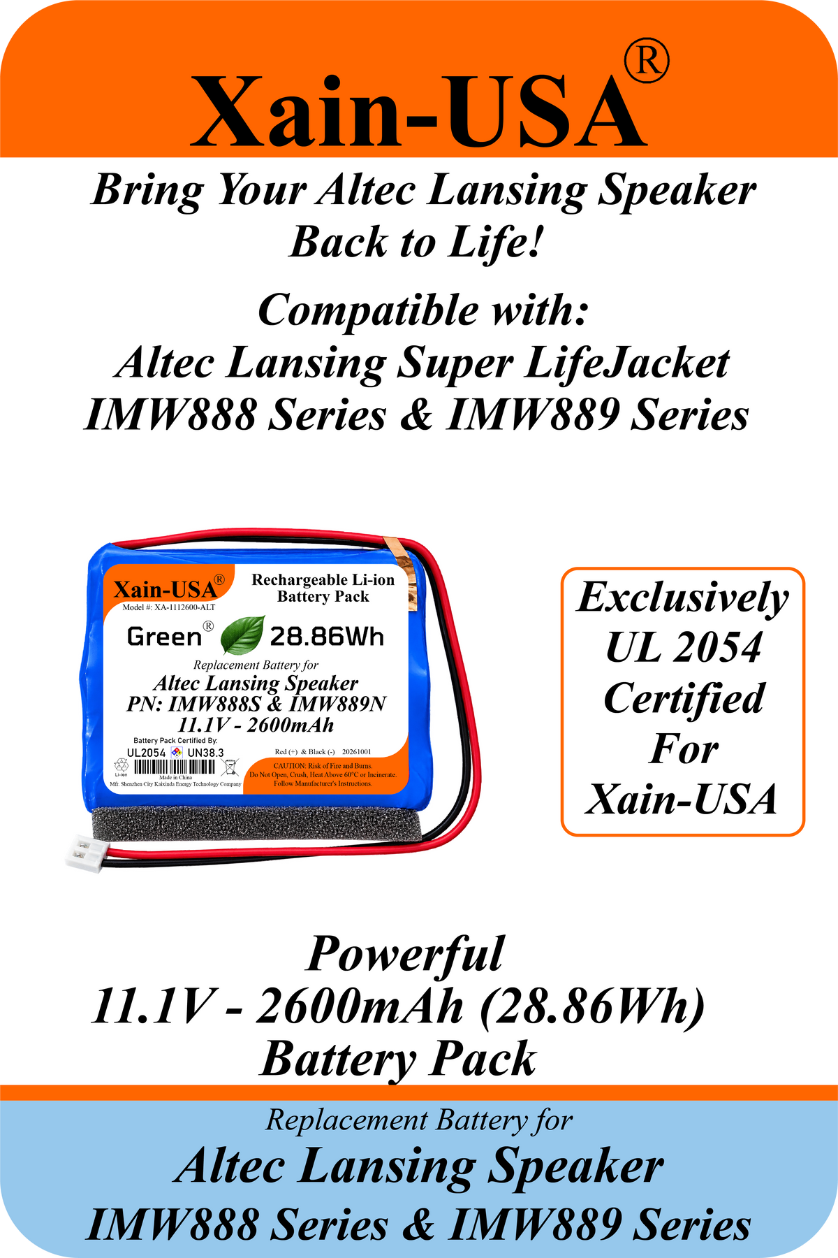 Xain-USA UL 2054 Certified 11.1V 2600mAh Replacement Battery for Altec Lansing Super LifeJacket IMW888 & Jolt IMW889 Series Speakers, 28.86Wh, 5A BMS