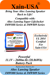 Xain-USA UL 2054 Certified 11.1V 2600mAh Replacement Battery for Altec Lansing Super LifeJacket IMW888 & Jolt IMW889 Series Speakers, 28.86Wh, 5A BMS