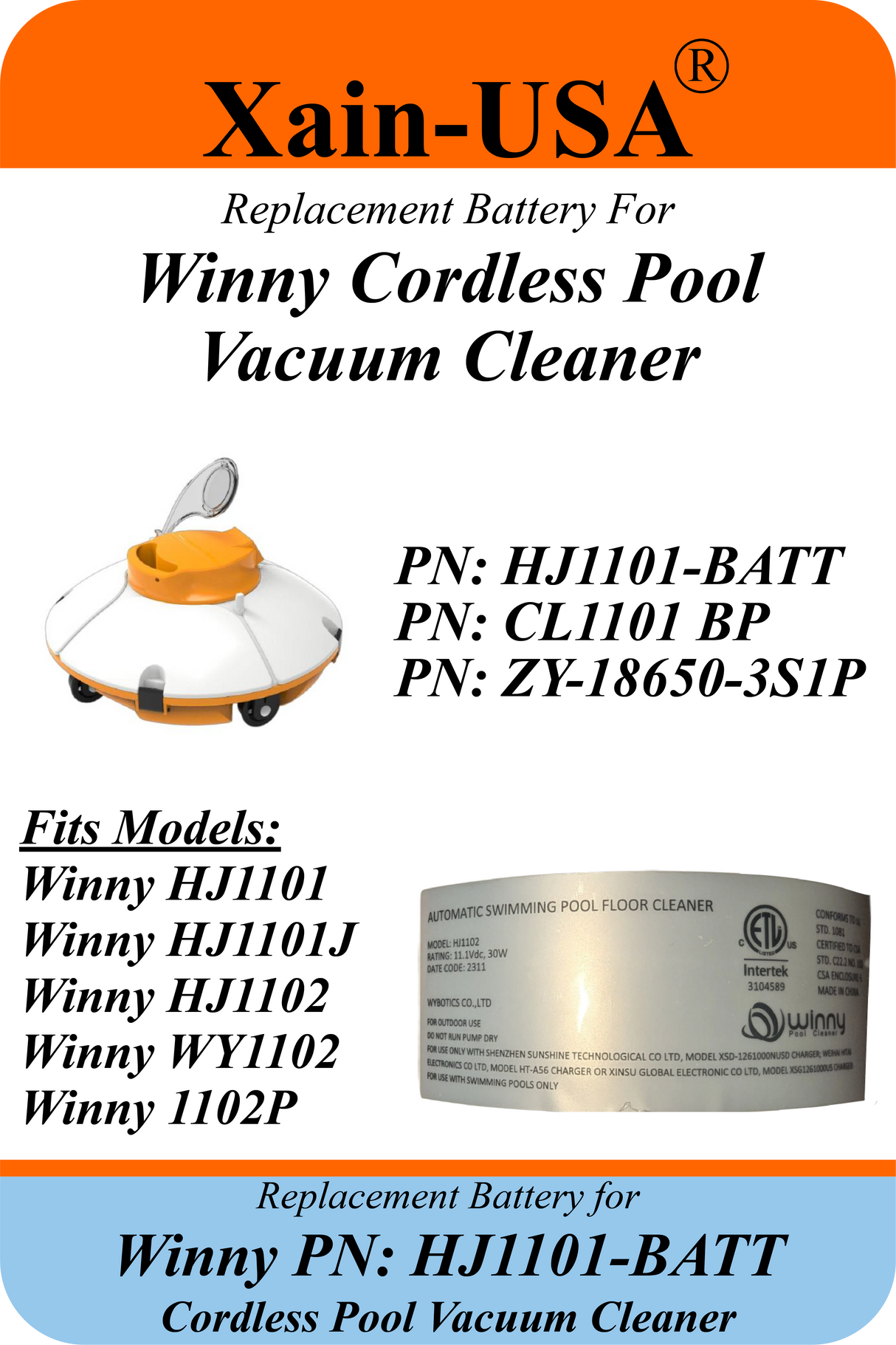 Replacement Battery Pack for Winny Models HJ1101J / HJ1101 / HJ1102 Cordless Pool Vacuum Cleaner | PN: HJ1101-BATT | High-Capacity 11.1V 2600mAh Rechargeable Lithium-Ion | Long Runtime, Direct OEM Fit