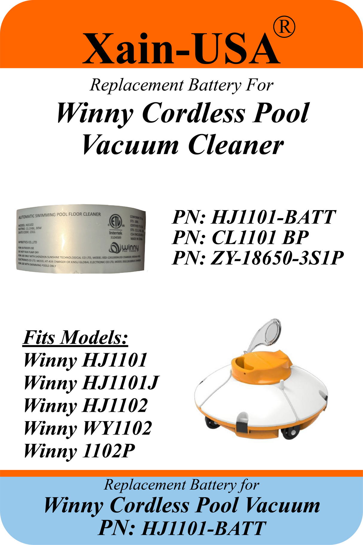 3200mAh Replacement Battery Pack for Winny Pool Vacuum PN: HJ1101-BATT