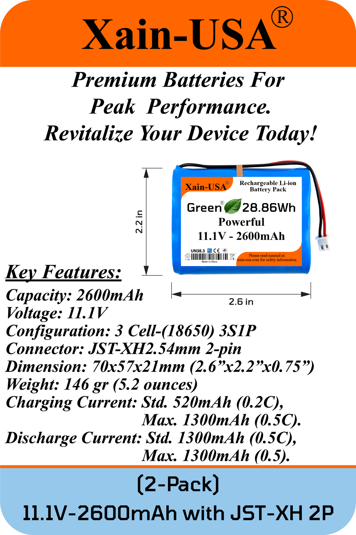 (2-Pack) 11.1V 2600mAh Li-ion Rechargeable Battery Pack, 3S1P with JST-XH 2-Pin Connector & Built-in BMS – Powerful Replacement Battery. for Super LifeJacket, Pool Vacuum, audio, robotics, lighting