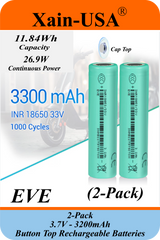 Xain-USA | 2-Pack 3.7V 3200mAh Headlight Batteries | EVE 33V 18650 Button Top Li-Ion Cells | 10A Discharge | Unprotected