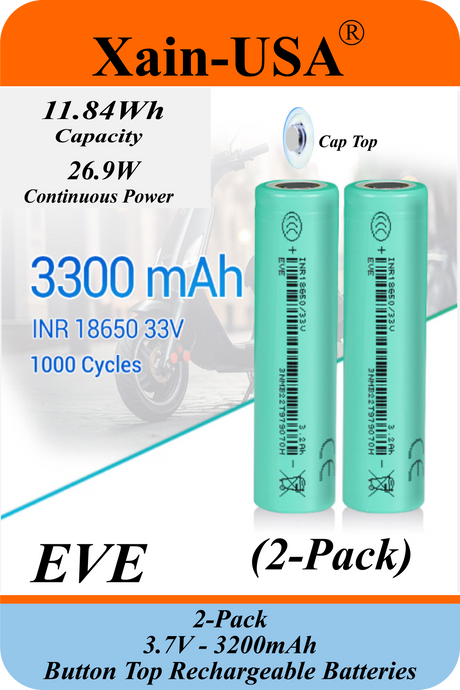 Xain-USA | 2-Pack 3.7V 3200mAh Headlight Batteries | EVE 33V 18650 Button Top Li-Ion Cells | 10A Discharge | Unprotected