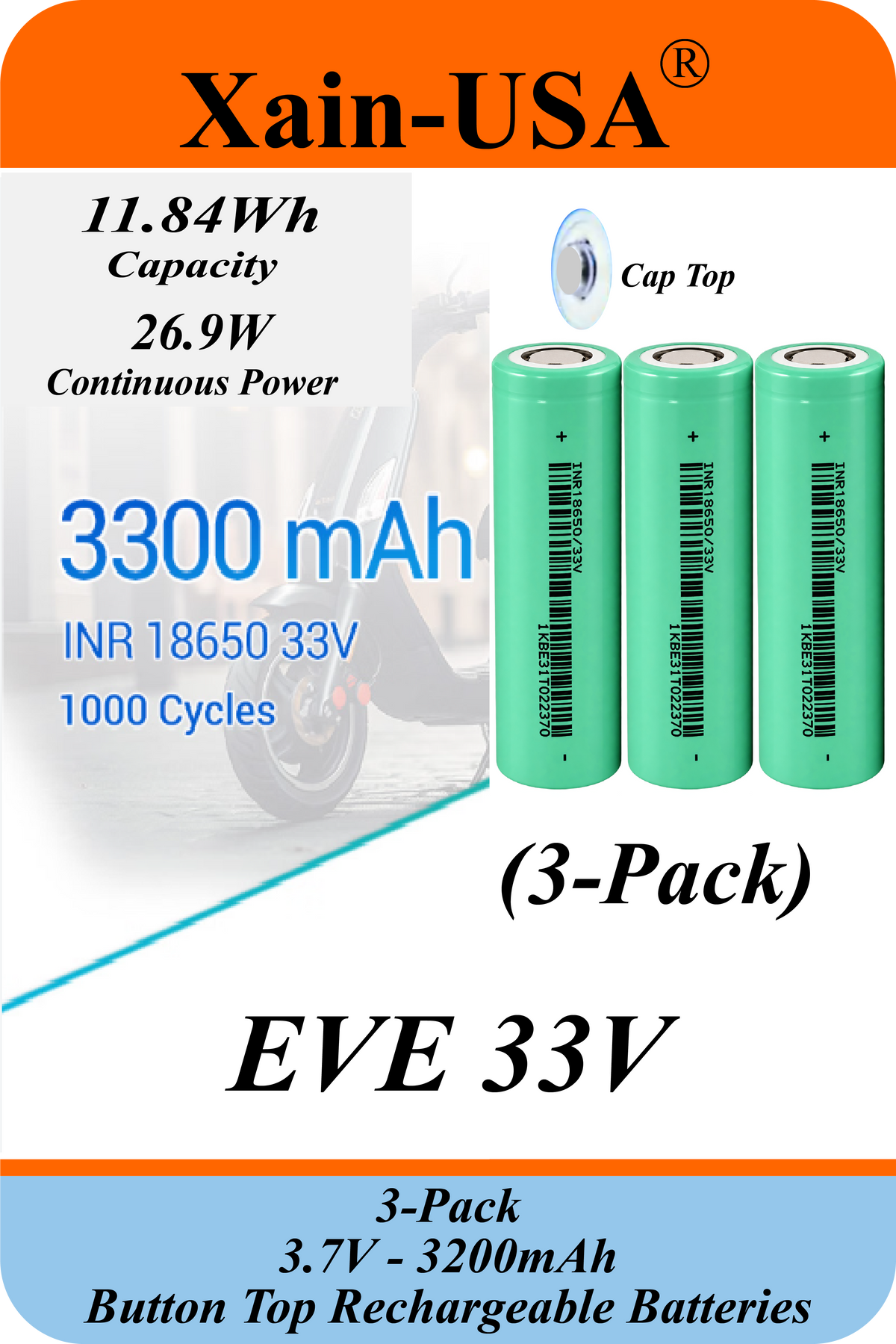 Xain-USA | 3-Pack 3.7V 3200mAh Headlight Batteries | EVE 33V 18650 Button Top Li-Ion Cells | 10A Discharge | Unprotected
