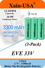 Xain-USA | 3-Pack 3.7V 3200mAh Headlight Batteries | EVE 33V 18650 Button Top Li-Ion Cells | 10A Discharge | Unprotected