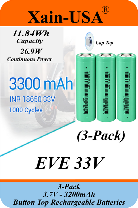Xain-USA | 3-Pack 3.7V 3200mAh Headlight Batteries | EVE 33V 18650 Button Top Li-Ion Cells | 10A Discharge | Unprotected