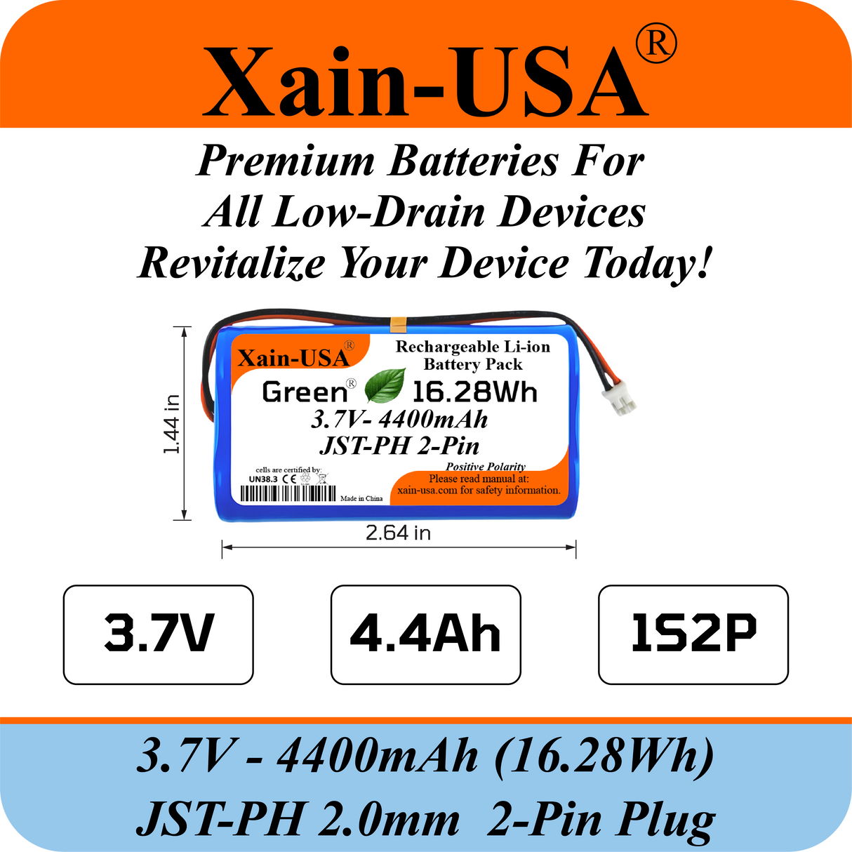 (1-Pack) 3.7V 4400mAh Li-ion Rechargeable Battery Pack with JST-PH2.0 2-Pin Connector for Electronics, LED Lighting, Outdoor Lights, Toys, GPS, Meshtastic Solar Node Projects, Speakers, Fire Alarm