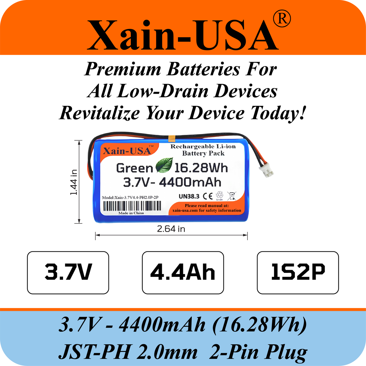 (1-Pack) 3.7V 4400mAh Li-ion Rechargeable Battery Pack with JST-PH2.0 2-Pin Connector for Electronics, LED Lighting, Low-Drain Devices, Outdoor Lights, Toys, GPS, Speakers, Fire Alarm
