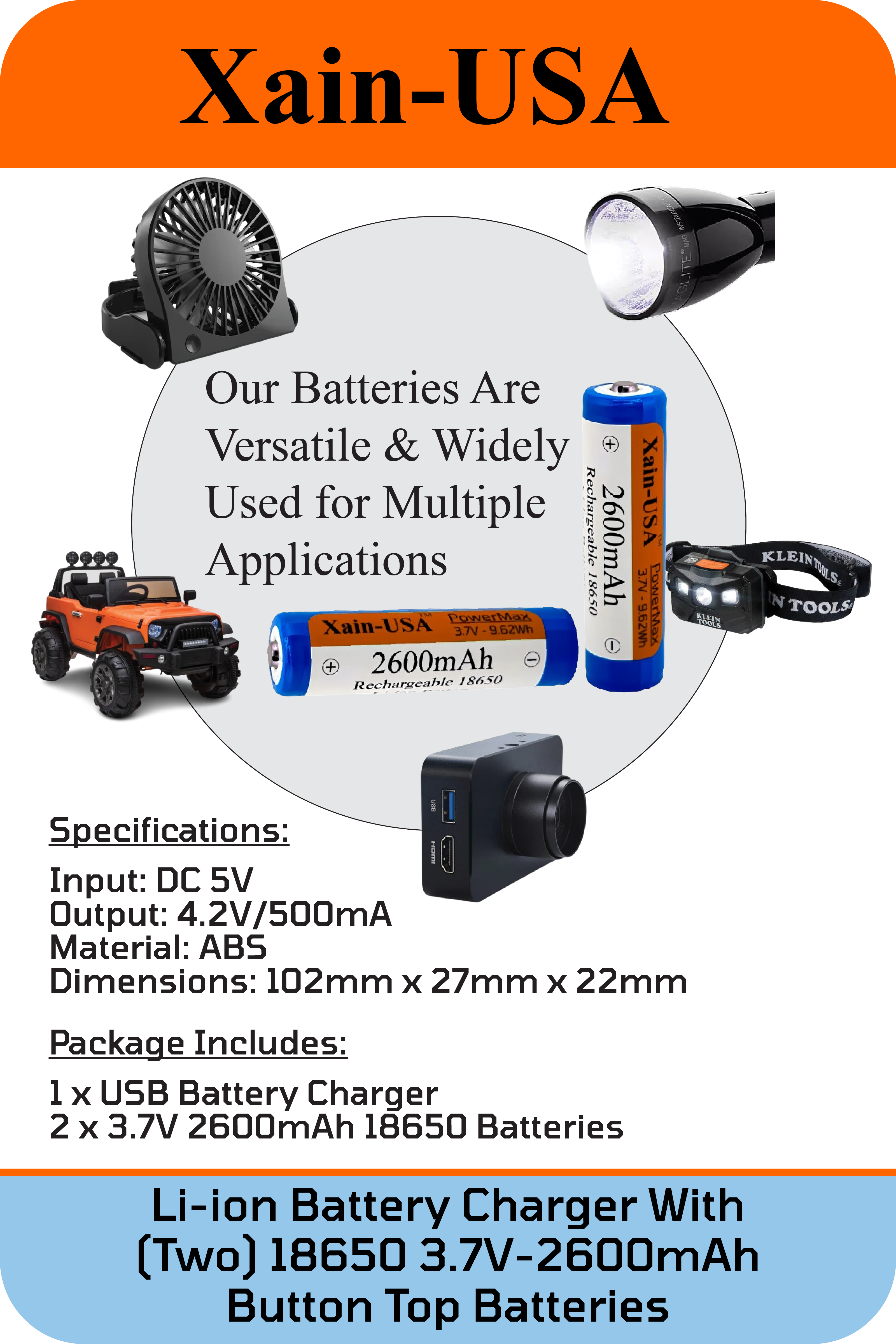 2-Pack 3.7V 2600mAh 18650 Button-Top Rechargeable Batteries with Single Cell Charger.