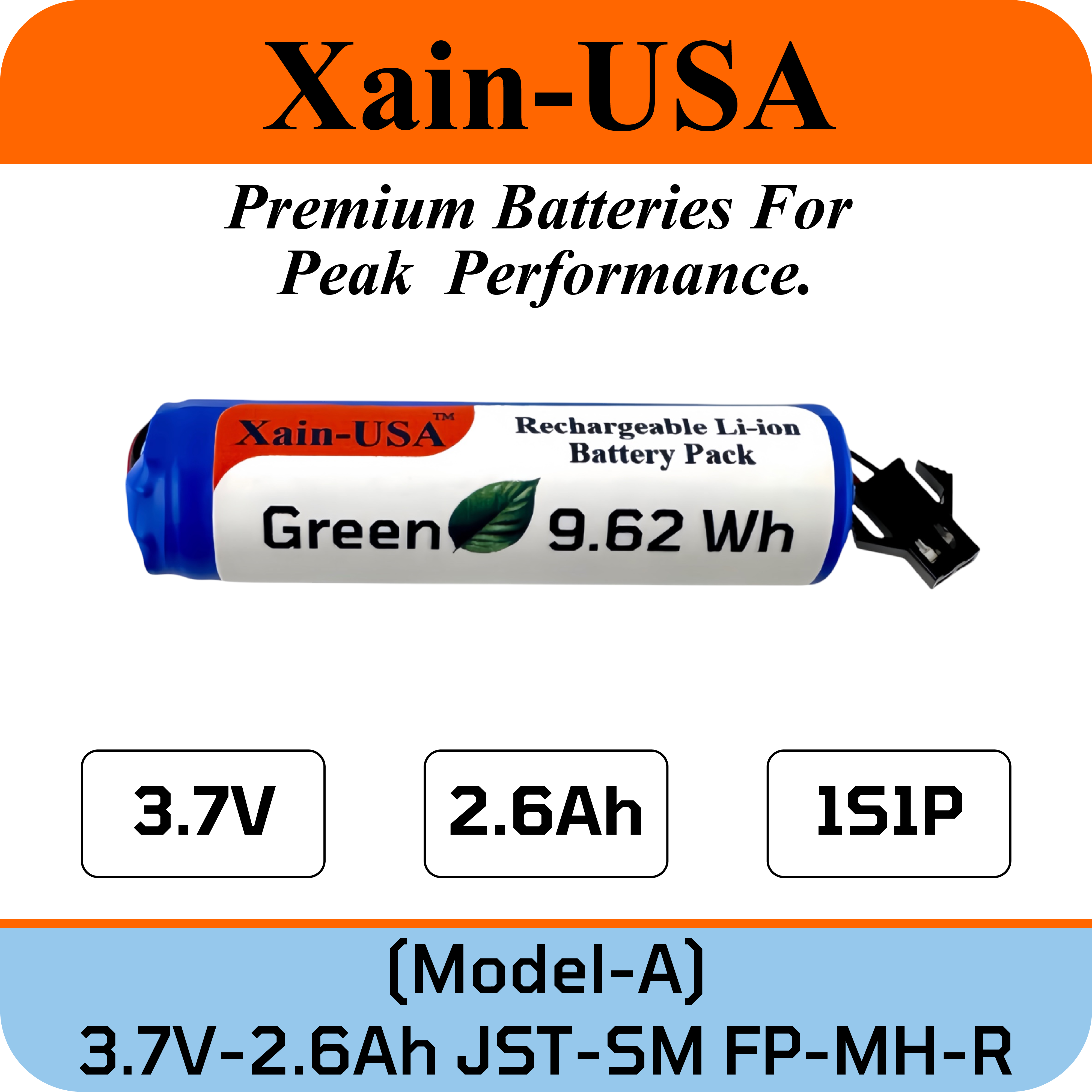 3.7V 2600mAh 1S1P 18650 Li-ion Battery with JST-SM 2 pin plug.