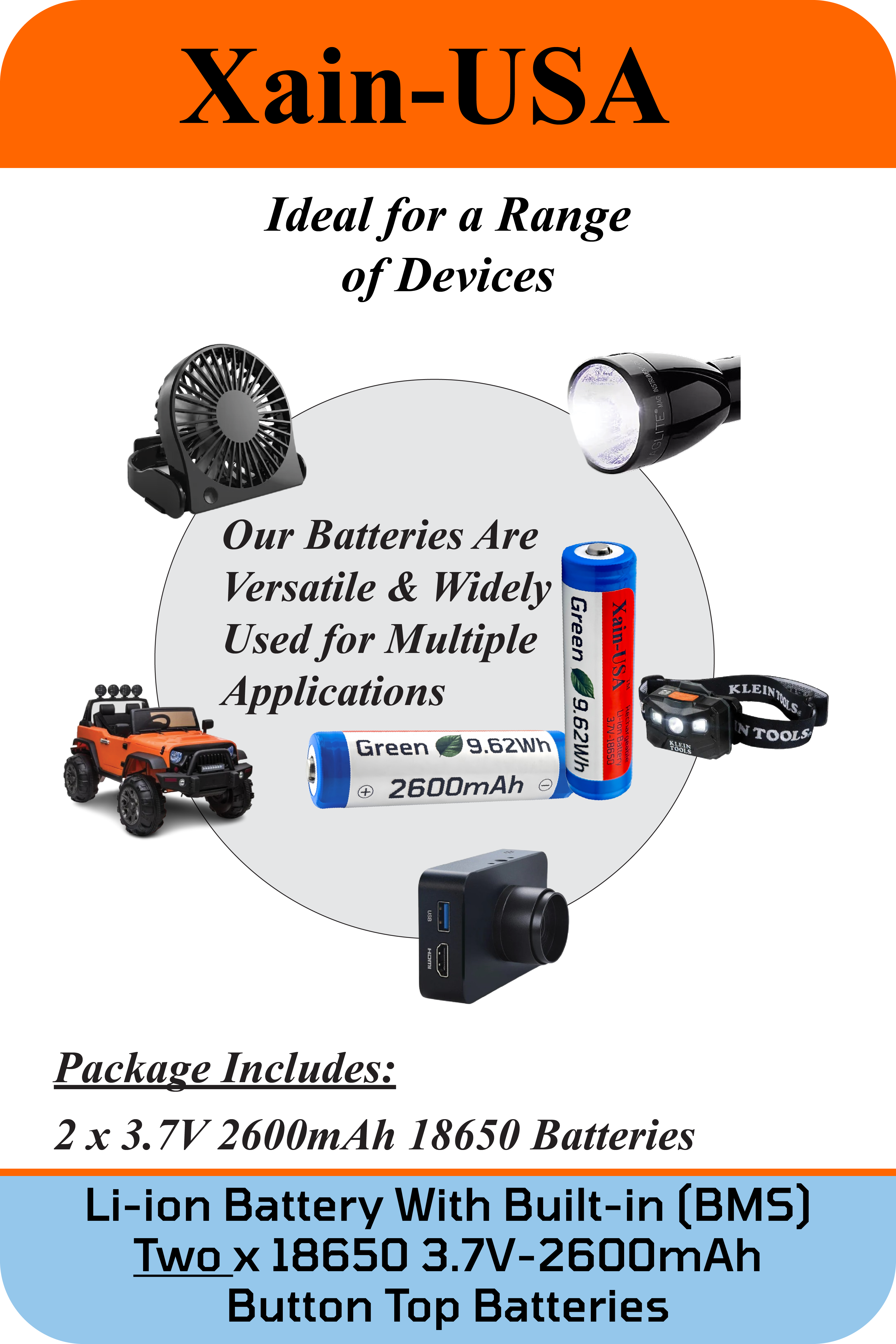 2-Pack of 3.7V 2600mAh 18650 Button-Top Rechargeable Batteries.