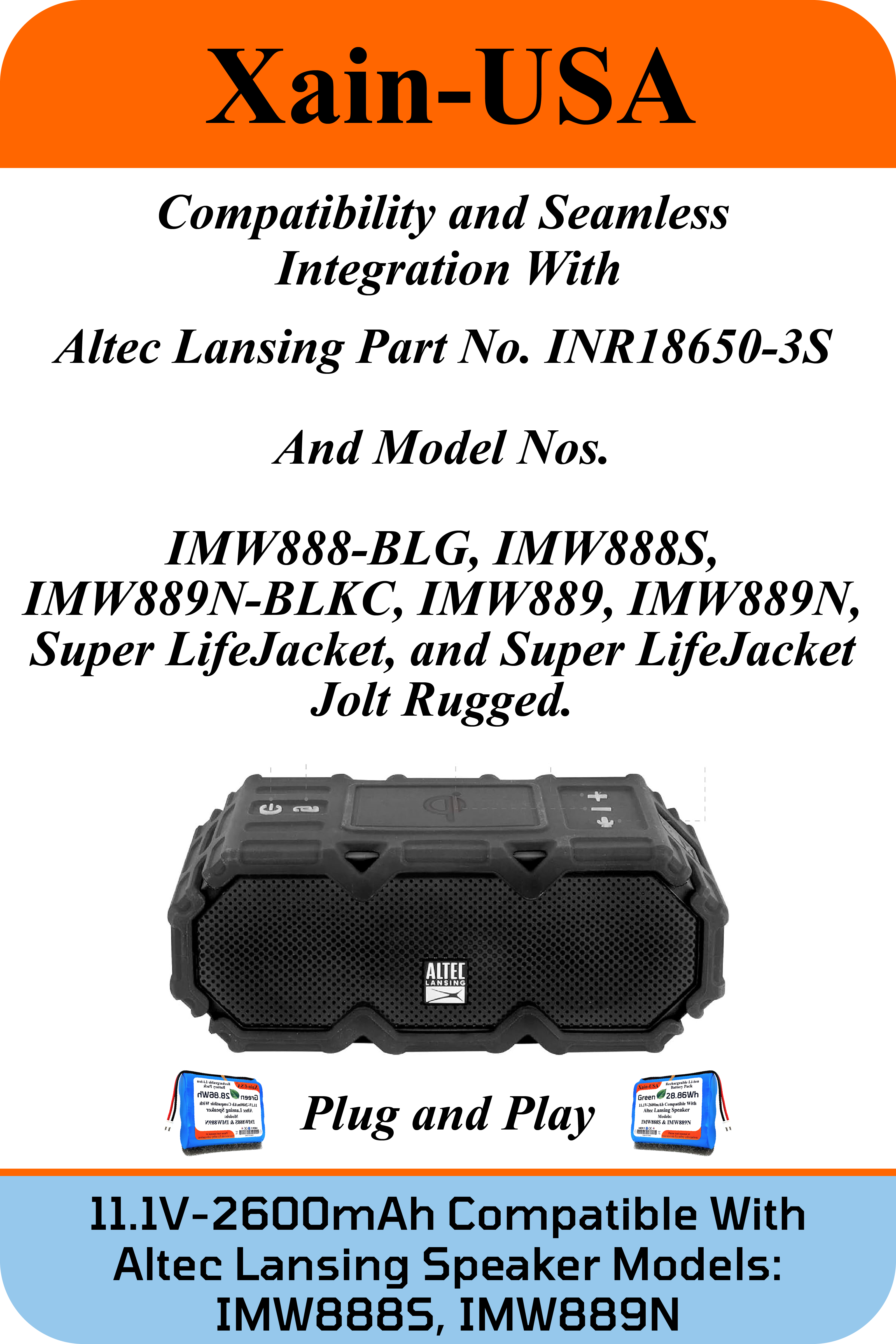 11.1V 2600mAh Battery for Altec Lansing IMW888-BLG, IMW888S, IMW888SIMW889N-BLKC, IMW889,