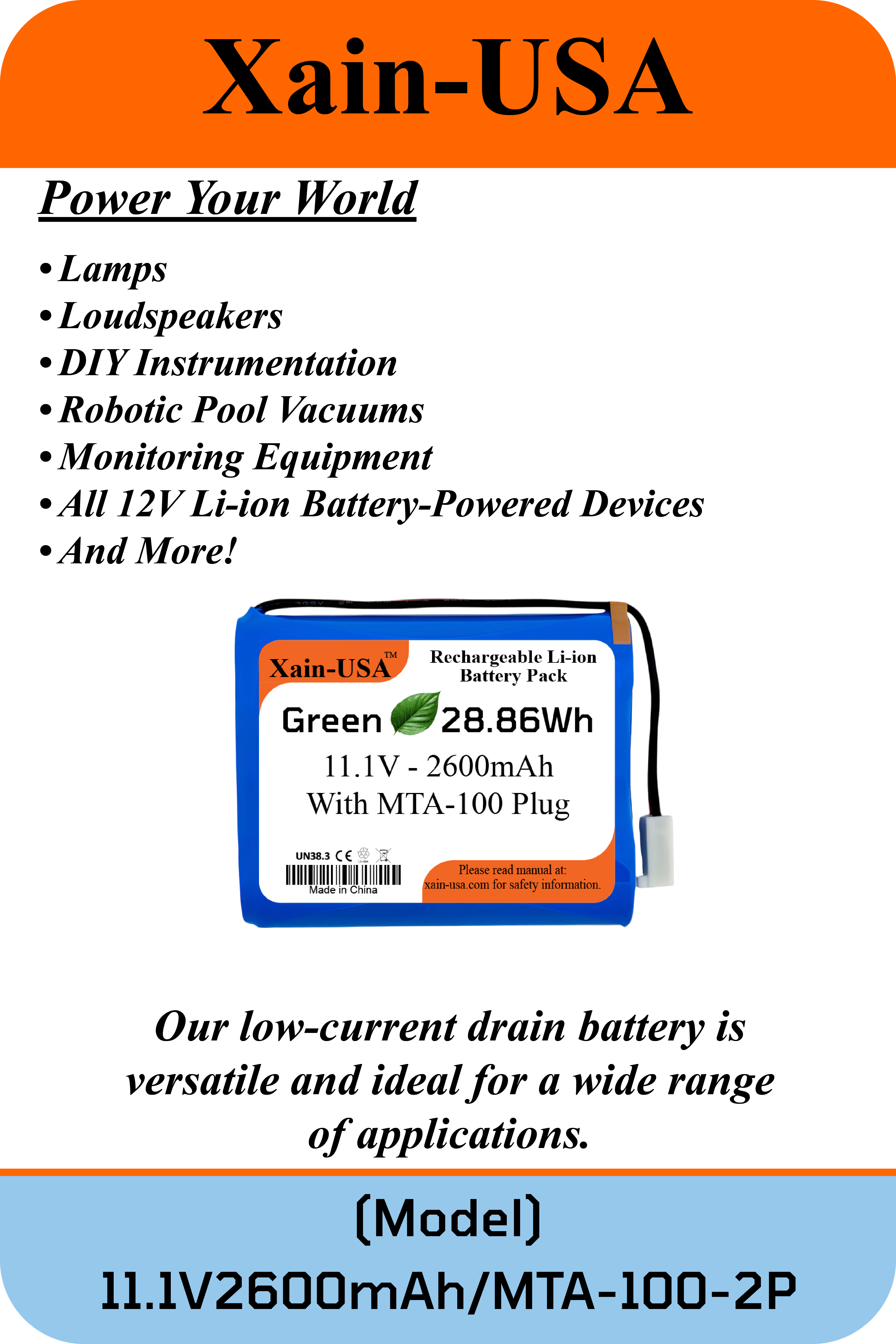 11.1V 2600mAh with JST-MTA-100