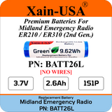 (2-Pack) Replacement Battery for Midland Emergency Radio ER210 (2nd Gen.) & ER310 (2nd Gen.)  PN: BATT26L 2600mAh