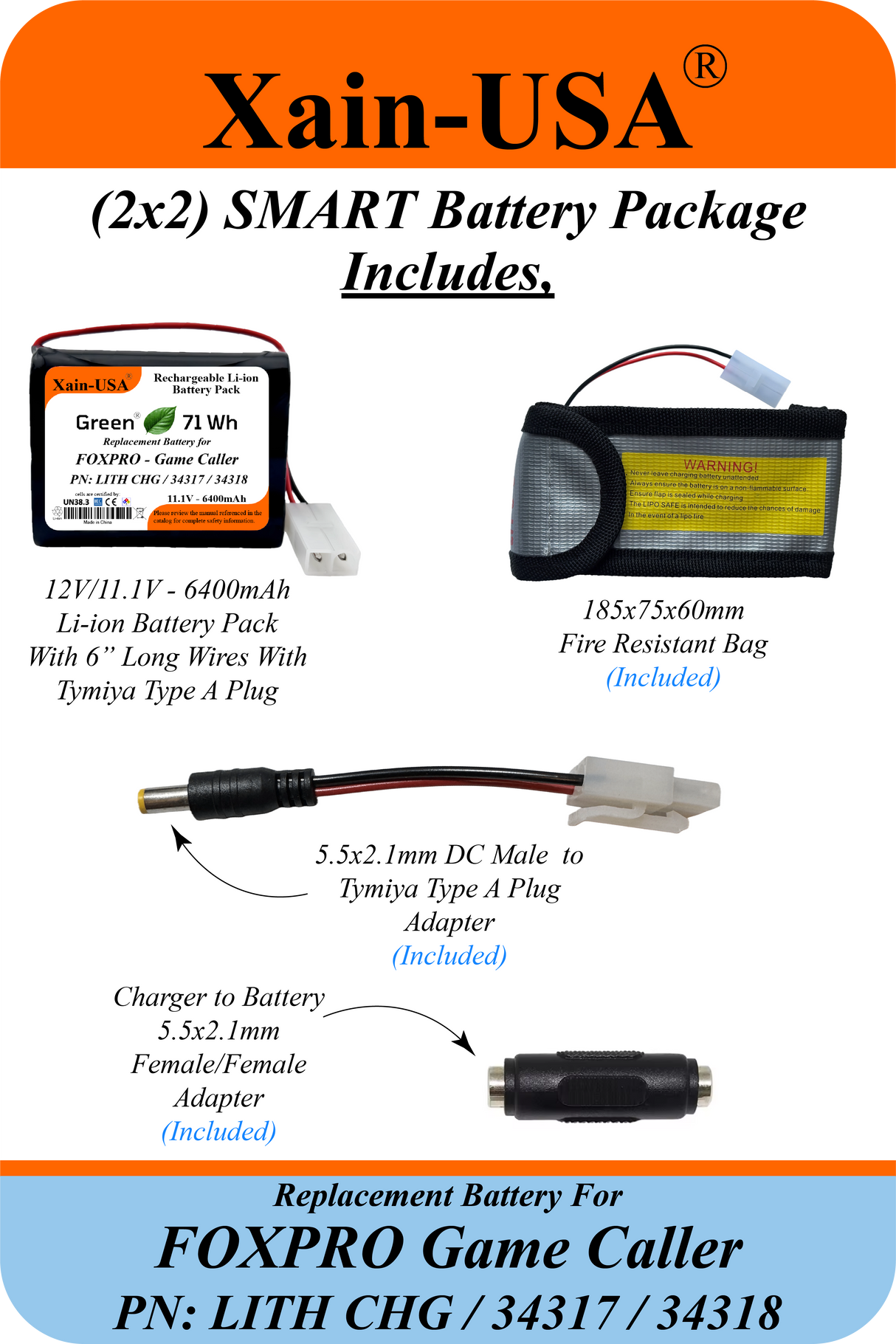 Smart Package 6400mAh replacement battery for FOXPRO Game Caller PN: LITH CHG / 34317 / 34318