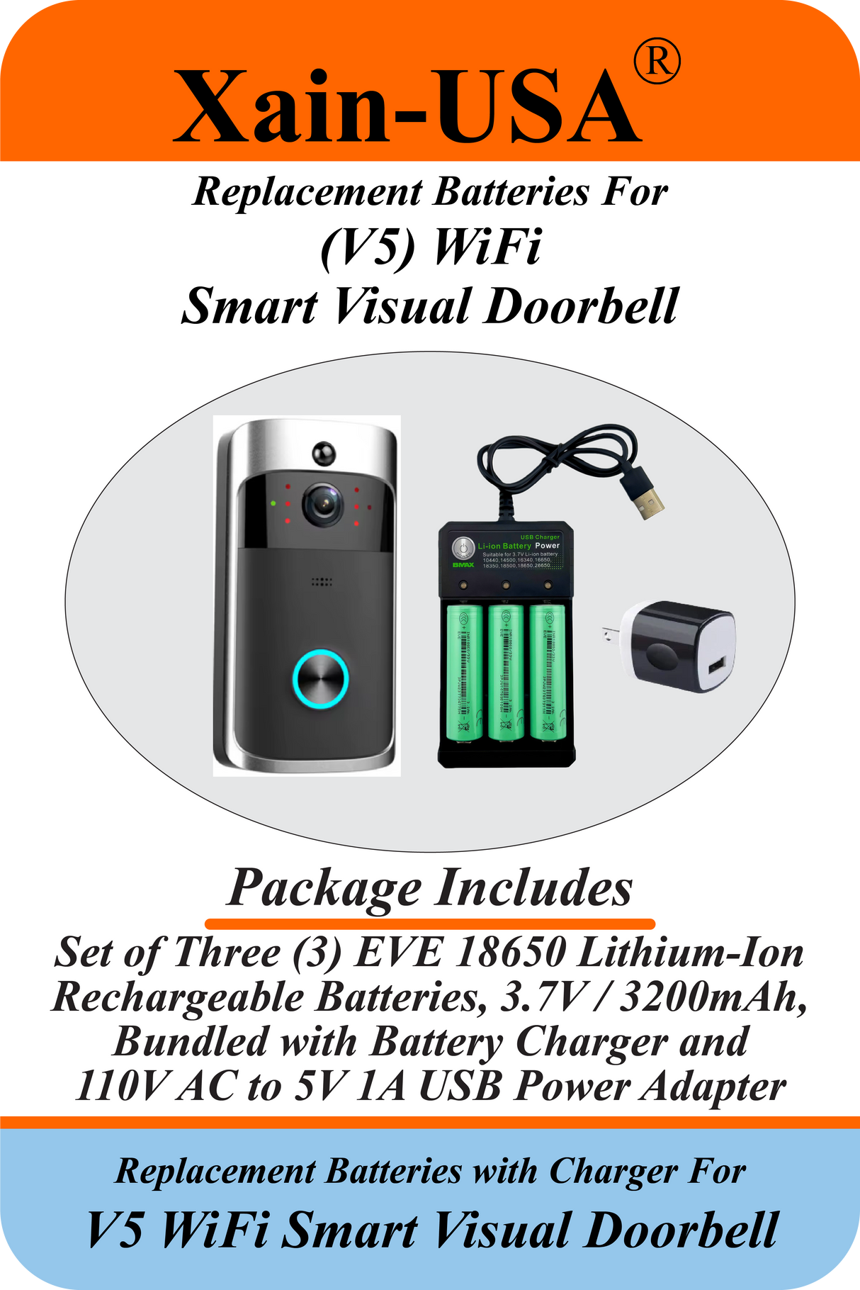 3-Pack 3.7V 3200mAh Li-ion Batteries with Charger for V5 WiFi Smart Visual Doorbell – Ultra-High Capacity, 1000+ Charge Cycles, PIR Motion Detection, 720P HD Compatible