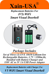 3-Pack 3.7V 3200mAh Li-ion Batteries with Charger for V5 WiFi Smart Visual Doorbell – Ultra-High Capacity, 1000+ Charge Cycles, PIR Motion Detection, 720P HD Compatible