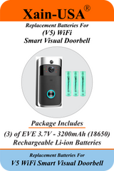 (3‑Pack) 3.7V 3200mAh Li‑ion Replacement Batteries Compatible with V5 WiFi Smart Visual Doorbell, PIR Motion Detection, 720P HD / Ultra‑High Capacity / 1000+ Charge Cycles