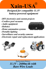 UL2054 Certified, 11.1V 2600mAh Li-ion Battery, 5A Cont., Bare Wire Leads