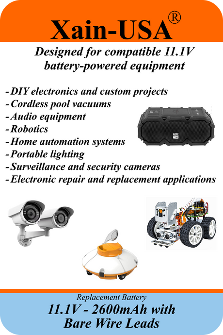 UL2054 Certified, 11.1V 2600mAh Li-ion Battery, 5A Cont., Bare Wire Leads