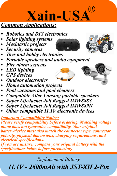 UL2054 Certified, 11.1V - 2600mAh Li-ion Battery, 5A Cont., JST-XH 2-Pin