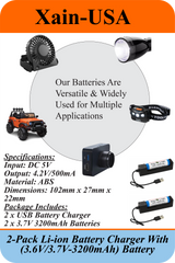 2-Pack: (Charger + 3.7V, 3200mAh Li-ion Rechargeable Battery). Ideal for flashlights, solar lights, torches, toys, radios, and other electronic devices.