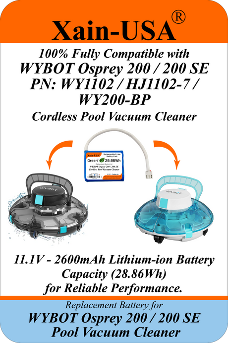 2600mAh Replacement Battery for WYBOT Osprey 200 / 200 SE Pool Vacuum | WY1102, HJ1102-7, WY200-BP | 11.1V 3S1P | JST-VH 3-Pin 2-Wire | BMS + NTC