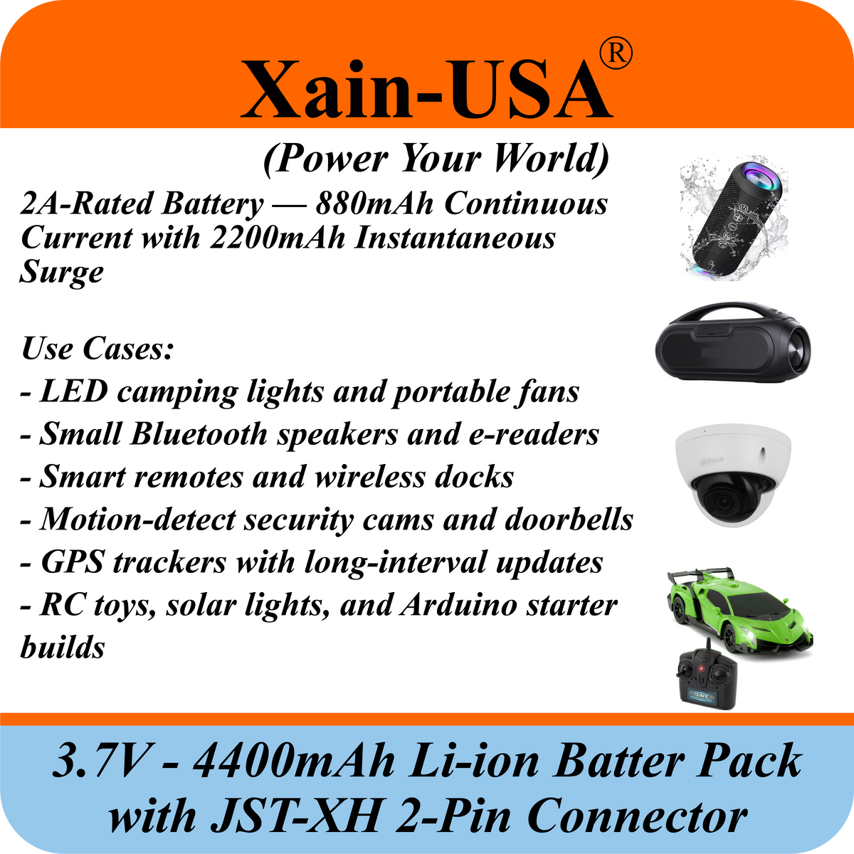 Xain-USA 3.7V 4400mAh Li-ion Battery Pack - JST-XH 2-Pin, Built-in BMS