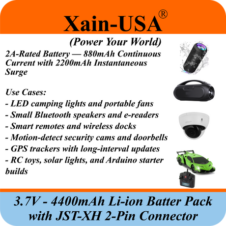 Xain-USA 3.7V 4400mAh Li-ion Battery Pack - JST-XH 2-Pin, Built-in BMS