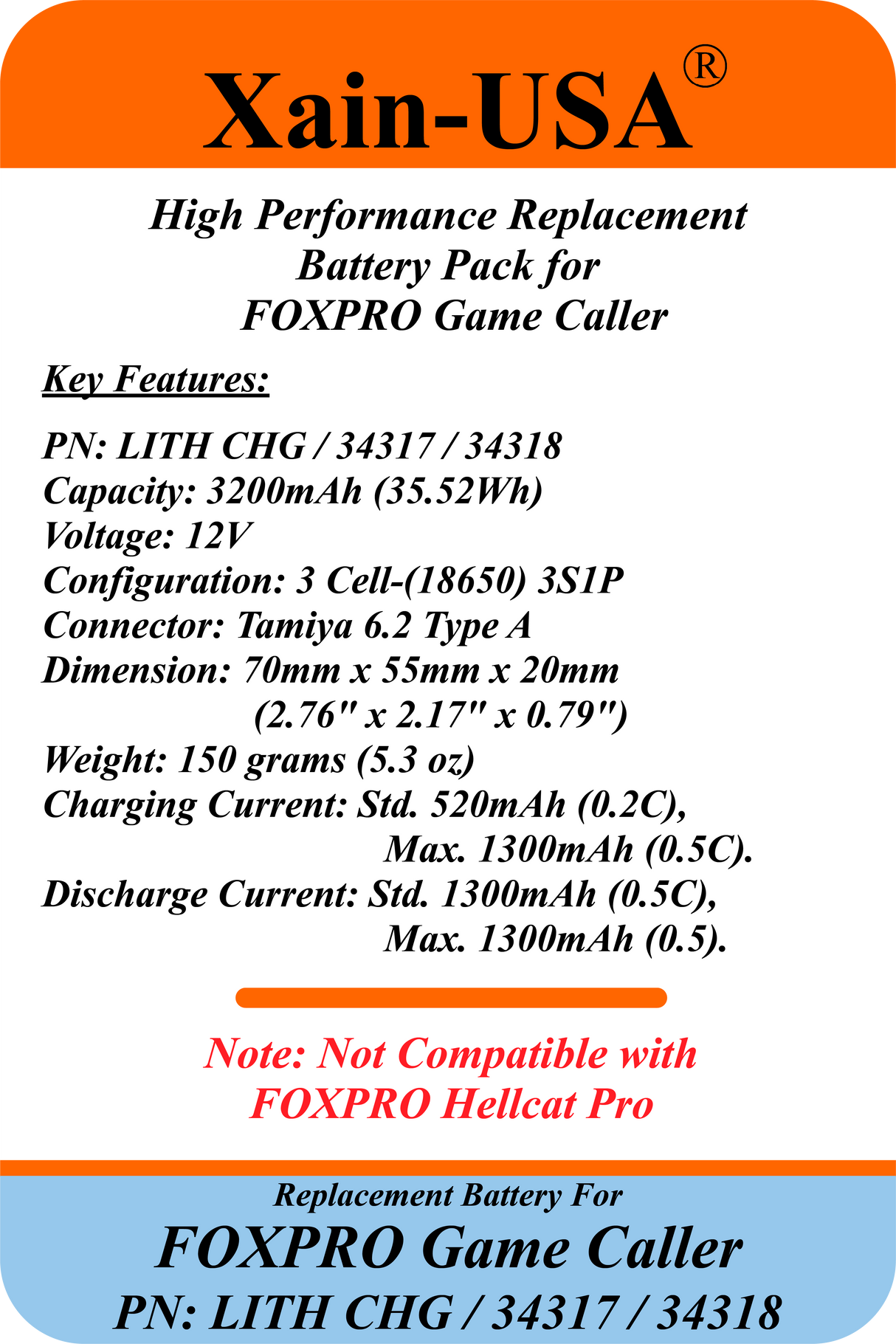 3200mAh Replacement Battery for FOXPRO Game Caller PN: LITH CHG / 34317 / 34318