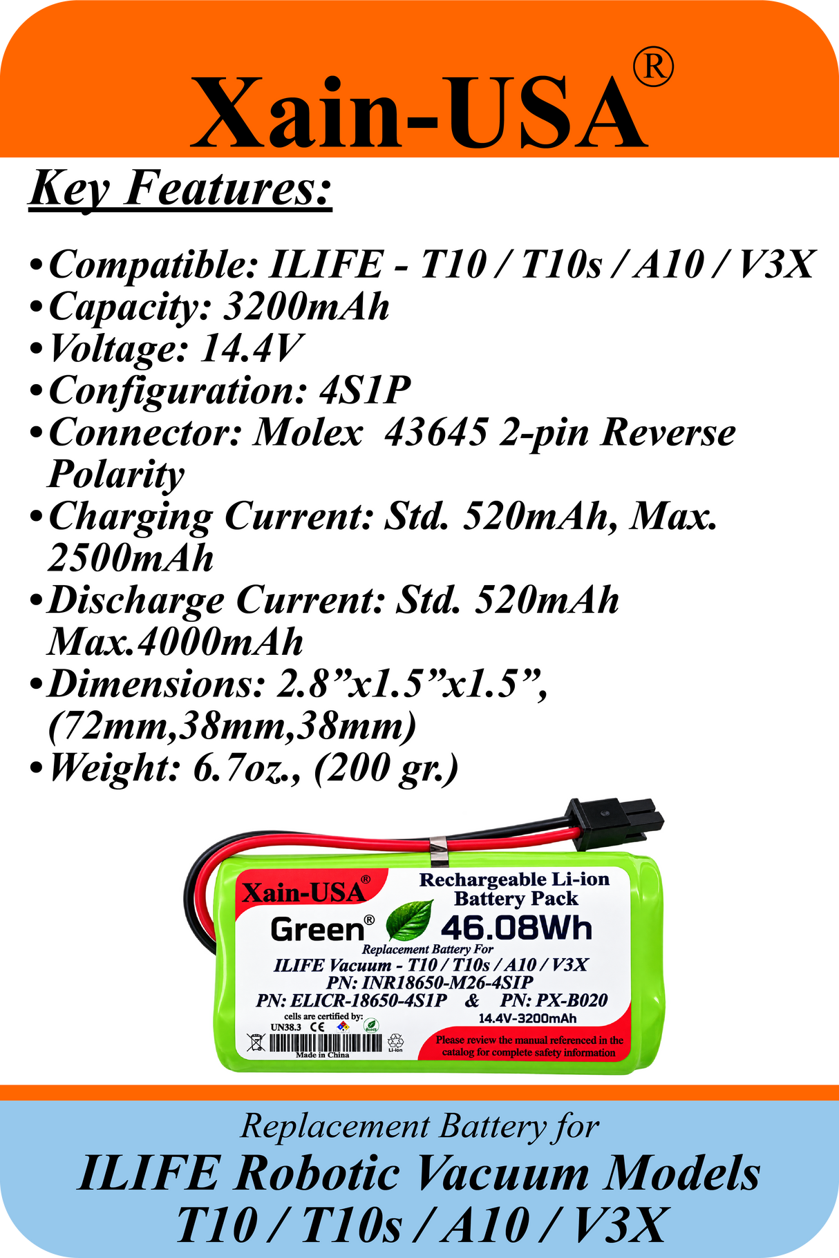 14.4V 3200mAh Replacement Battery for ILIFE T10, T10s, A10, V3X Vacuum Cleaners – 46.08Wh Li-ion Battery Pack with Built-in BMS