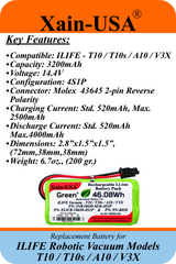 14.4V 3200mAh Replacement Battery for ILIFE T10, T10s, A10, V3X Vacuum Cleaners – 46.08Wh Li-ion Battery Pack with Built-in BMS