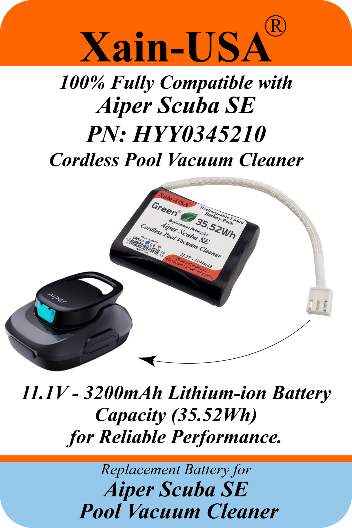 Xain-Pool Power | 3200mAh Upgraded Battery for Aiper Scuba SE Cordless Pool Vacuum Cleaner | 11.1V Extended Runtime Lithium-Ion Pack | OEM Replacement Part HYY0345210 / 3INR19/66